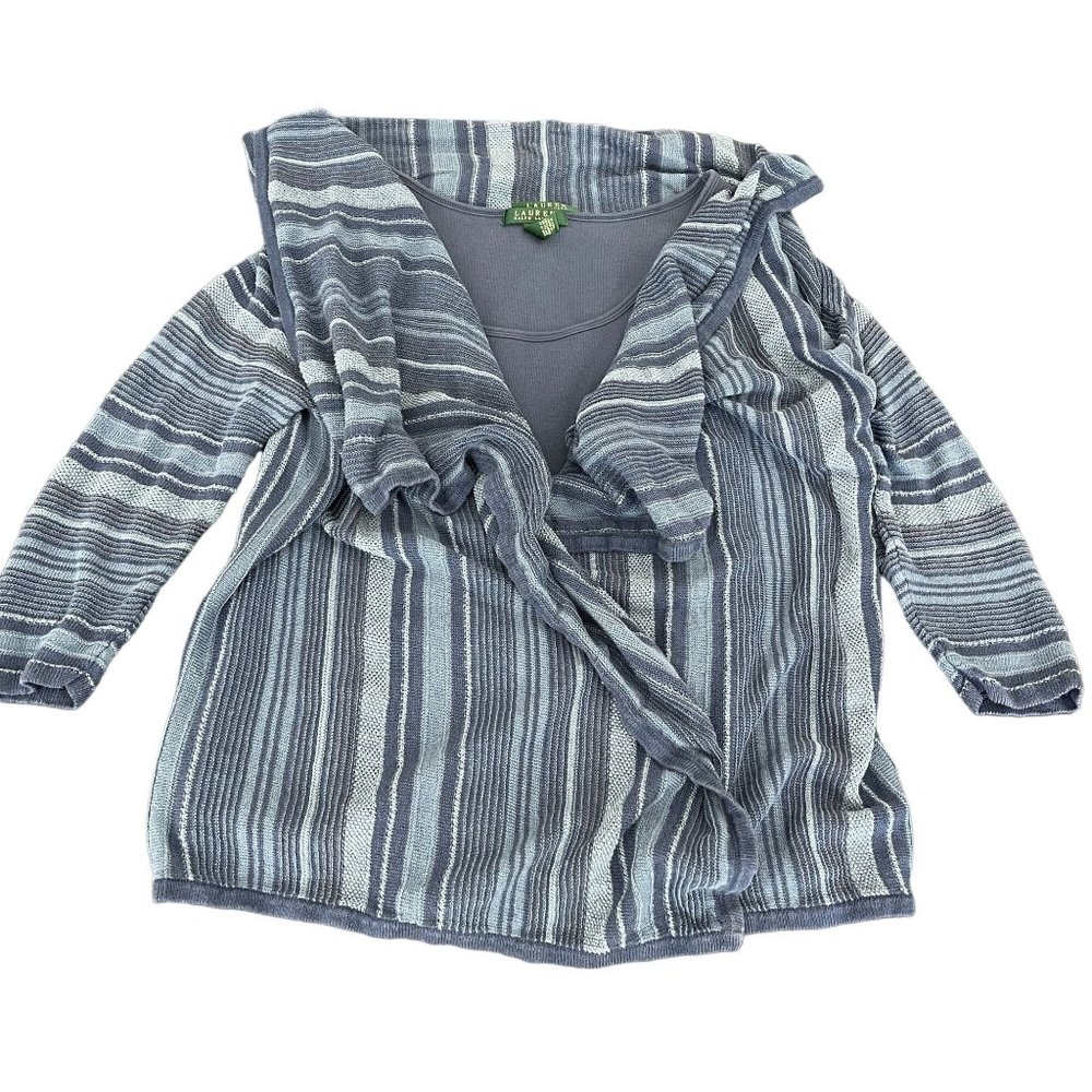 Lauren Ralph Lauren Shawl Neck Blue Striped Cardigan 2 pc Set W/Tank Top, Size X